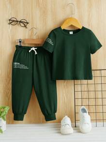 SHEIN Leap Crew Đứa bé trai Giải trí & Thoải mái Slogan In Thể thao Bộ đồ - Màu xanh lá cây đậm - Xem 6