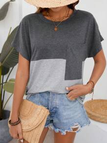 SHEIN LUNE Camiseta De Mujer Con Manga De Murciélago Y Bloques De Color