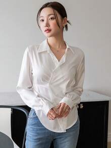 DAZY 純色不對稱風褶皺女士襯衫,長袖款式 - 白色 - 查看 3