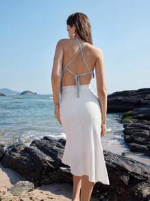 Anewsta Women's Knitted Top With Open Back And Handkerchief Hem - Light Grey - View 2