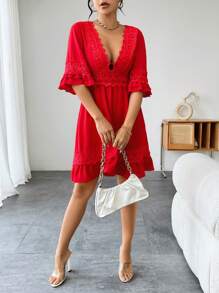 SHEIN Privé Cổ chữ V sâu Váy chữ A Với chuông Và Ren Chi tiết - Đỏ - Xem 3