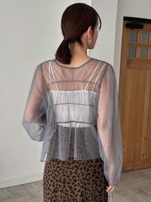 FRIFUL Women's Lantern Sleeve Mesh Top With Front Tie Sheer