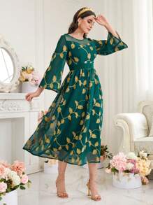 Modelyn Women's Floral Leaves Embroidery Trumpet Sleeve Dress Long Evening Dresses Fall Cloth For Women - Green - View 5