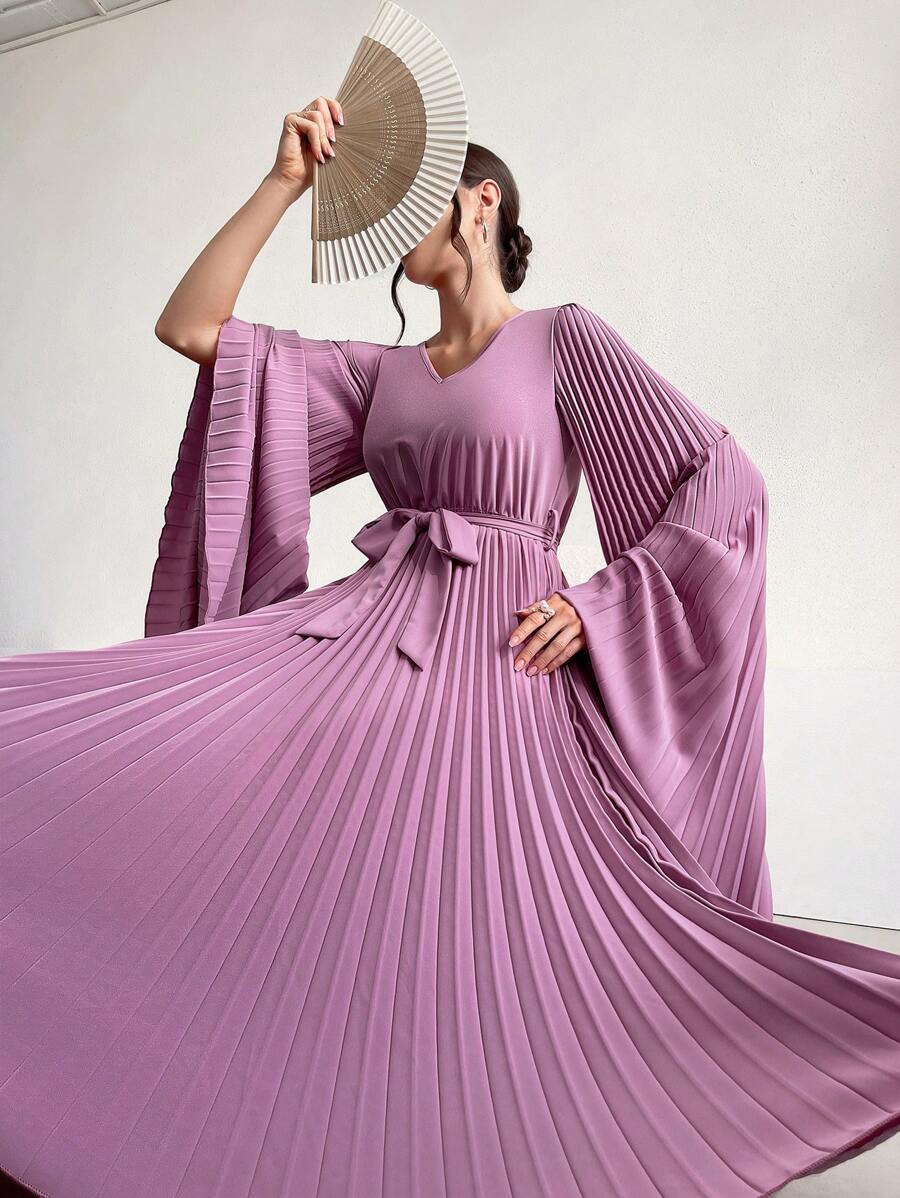 Modelyn Ladies' Super Long Solid Color Pleated Bell Sleeve Dress - Pink - View 1