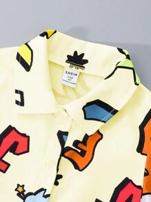 SHEIN Young Boy' Letter Pattern Short Sleeve Shirt And Shorts 2-Piece Set - Yellow - View 6