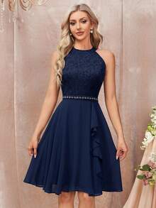 MIUSOL Floral Lace Halter Neck Ruffle Trim Chiffon Prom Party Swing Dress Elegant Semi Formal Wedding Guest Dress, For Birthday, Graduation, Homecoming - Navy Blue - View 3