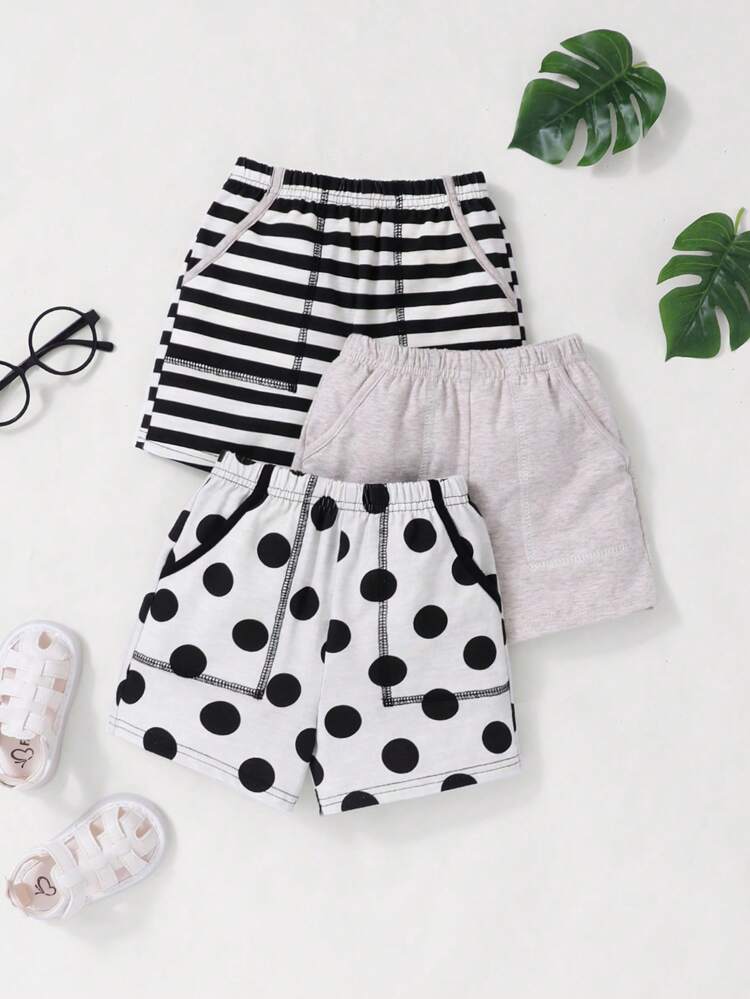 Unisex Baby Casual Striped Polka Dot Elastic Waist Shorts 3pcs Outfit Set