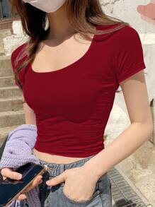 DAZY Áo thun nữ tay ngắn màu trơn mùa hè, áo crop top nữ - Đỏ - Xem 3