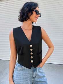 Aveloria V-Neck Single-Breasted Sleeveless Blazer Coat - Black - View 1