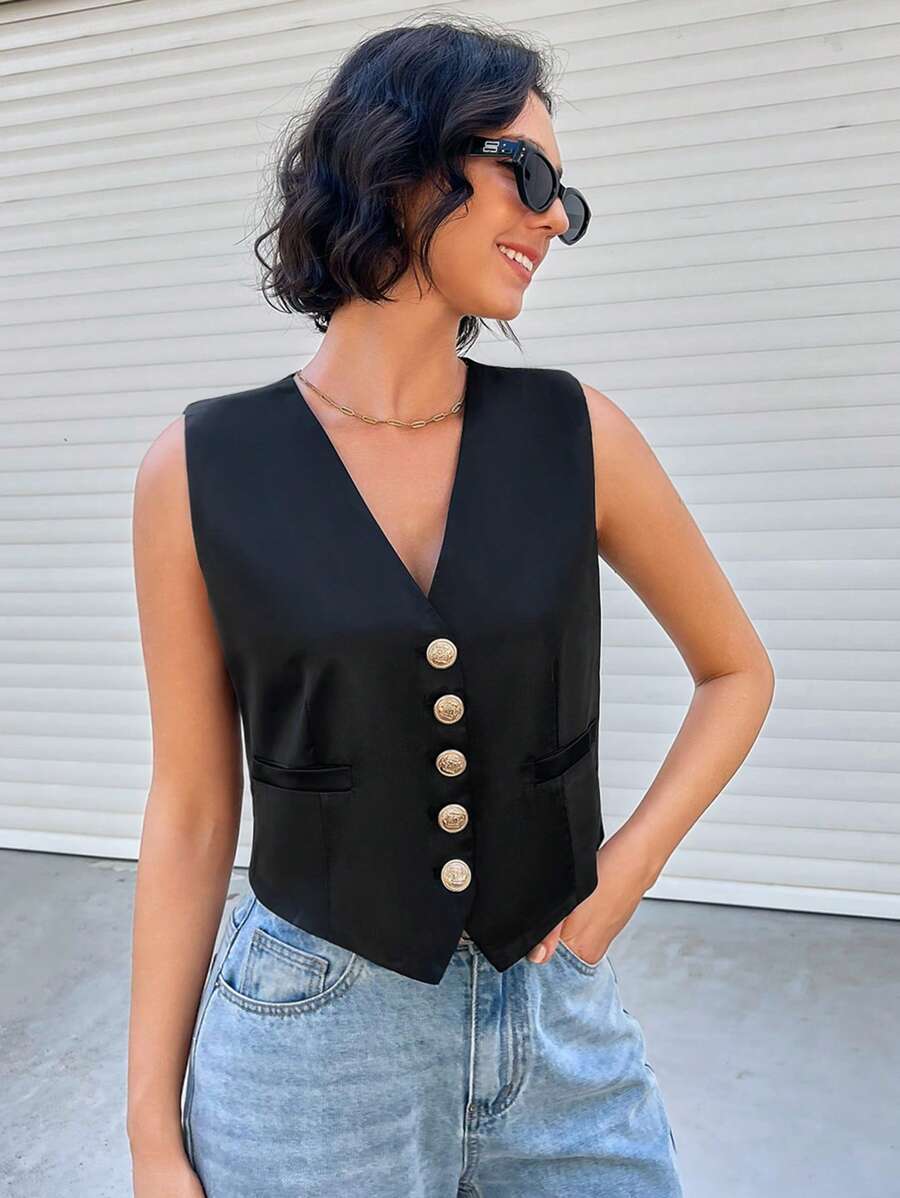 Aveloria V-Neck Single-Breasted Sleeveless Blazer Coat - Black - View 1