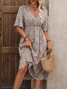 Breezaya Robe Ceinturée À La Taille Imprimée De Fleurs Mini Pour Femmes - Vieux Rose - Voir 1