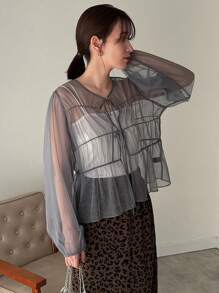 FRIFUL Women's Lantern Sleeve Mesh Top With Front Tie Sheer