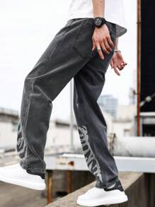 Manfinity LEGND Quần Jean Denim Nam Có Họa Tiết Logo Chữ Thập Và Túi Xéo Baggy Long Washed Dark Jean Cargo Đồ Họa Xám Trơn Đi Làm Dạo Phố Bạn Bè - màu đen - Xem 5