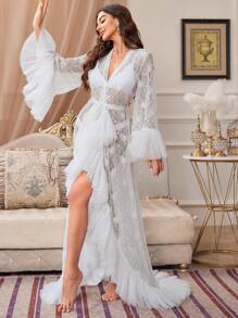 Slumberist Women's Mesh Decorated Patchwork Lace Sheer Belted Robe - White - View 6