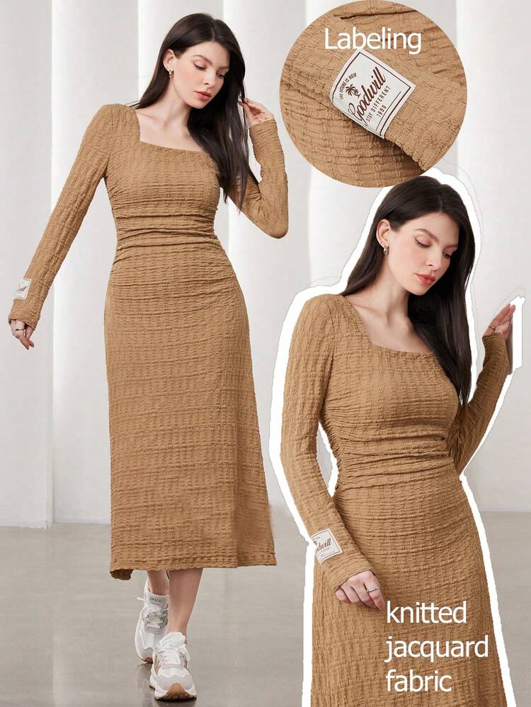 Women's Alphabet Patched Square Neck Long Sleeve Dress