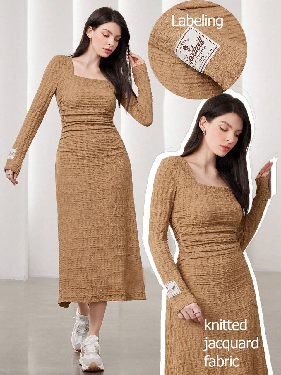 Women's Alphabet Patched Square Neck Long Sleeve Dress