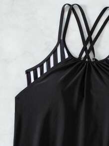 SHEIN Swim Women's Striped Tankini Swimwear With Double Shoulder Straps Summer - Black and White - View 7