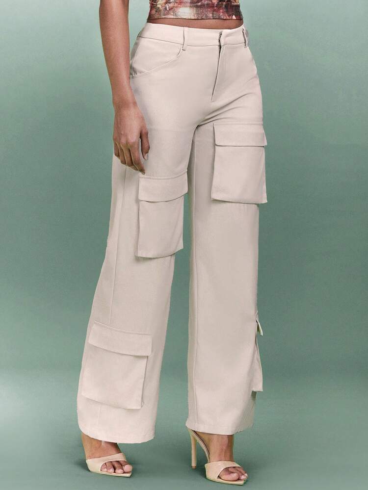 Women's Solid Color Low Waist 3d Cut Multi-Pocket Apricot-Colored Wide Leg Cargo Pants Suitable For Spring/Summer, Perfect For Festivals, Single Parties, Date Night, Music Concerts, Daily Wear, And Going Out