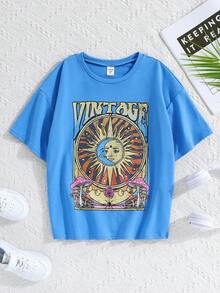 SHEIN 女大童太陽&字母圖案落肩T恤 - 寶藍色 - 查看 1