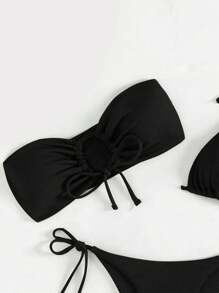 Swim Vcay Summer Beach 3pcs/Set Strapless Drawstring Top, Halter Neck Triangle Bikini Top, Knotted Side Thong Bottom Bikini Set - Black - View 4