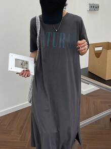 DAZY 女式字母印花短袖连衣裙太阳裙，休闲女装 - 深灰色 - 查看 4