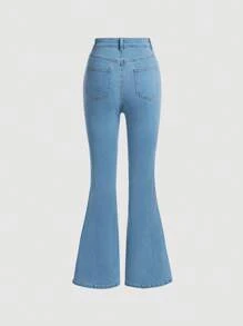 SHEIN Quần jean ống loe dành cho tuổi teen thường ngày của cô gái tuổi teen - Rửa nhẹ - Xem 2