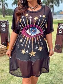 Calvaya 大尺碼透明網紗連衣裙,眼睛和星星印花帶蝙蝠袖 - 黑色 - 查看 4