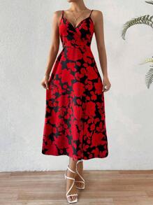 SHEIN Frenchy Women's Floral Print Split Hem Spaghetti Strap Dress - Red - View 4