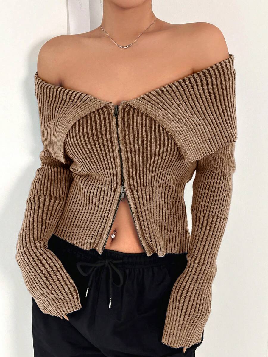 SHEIN EZwear Cárdigan con cierre de cremallera de punto acanalado de unicolor y escote en V para mujer - Camel - Ver 1