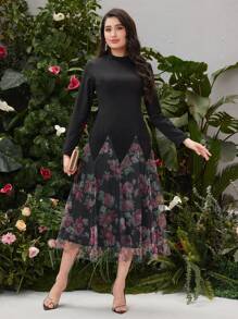 Modelyn Ladies' Patchwork Floral Mesh Hem Long Sleeve Dress Fall Cloth For Women - Multicolor - View 6