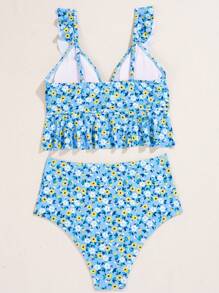 SHEIN Swim Women's Ditsy Floral Ruffled Bikini Set Summer Beach - Blue - View 7