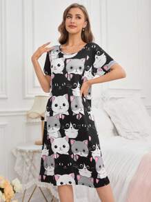 Snug Zone Women's Cartoon Cat Printed Sleep Dress Pajama Dress, Moo Moo Night Dress - Black and White - View 5