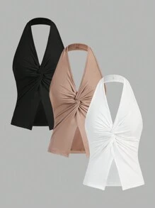 SHEIN Privé Women'S 3-Pack Solid Color Twist Front Slit Halter Top - Multicolor - View 3