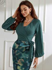 Modelyn Women's Lantern Sleeve Wrap Top And Printed Skirt Two Piece Set - Green - View 6