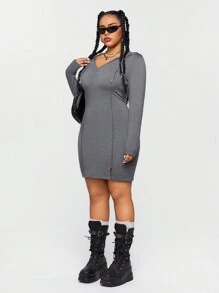 SHEIN EZwear CURVE Plus Size V-Neck Hooded Drawstring Hem Slit Dress - Dark Grey - View 5