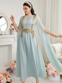 Al Najma Women's Long Sleeve Arabic Style Dress With Flower Decoration And Front Split - Mint Green - View 7
