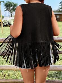 Flirla Plus Size Summer Flower Embroidery Fringe Hem Vest Coat