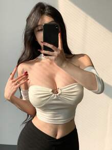 DAZY Women's Ribbed Knit Cropped Top Going Out Tops - White - View 8