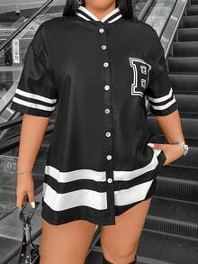 SHEIN Coolane 字母和條紋圖案的大尺碼寬鬆襯衫 - 黑與白 - 查看 7