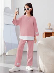SHEIN Tween Girls' Casual Knit Patchwork Round Neck Long Sleeve Top Set - Pink - View 5