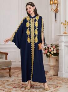 Al Najma Women's Gold Braided Belt Splice Open Sleeve Arabic Style Kaftan Dress, Elegant Evening Party Dress - Navy Blue - View 4
