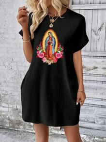 SHEIN LUNE 女士休閒簡約黑色裙子,上印圖案,適合夏天 - 黑色 - 查看 1