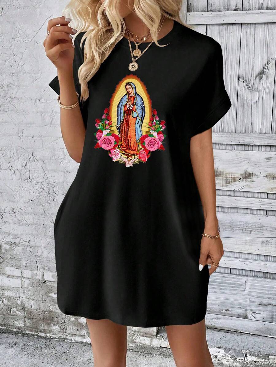 SHEIN LUNE 女士休閒簡約黑色裙子,上印圖案,適合夏天 - 黑色 - 查看 1