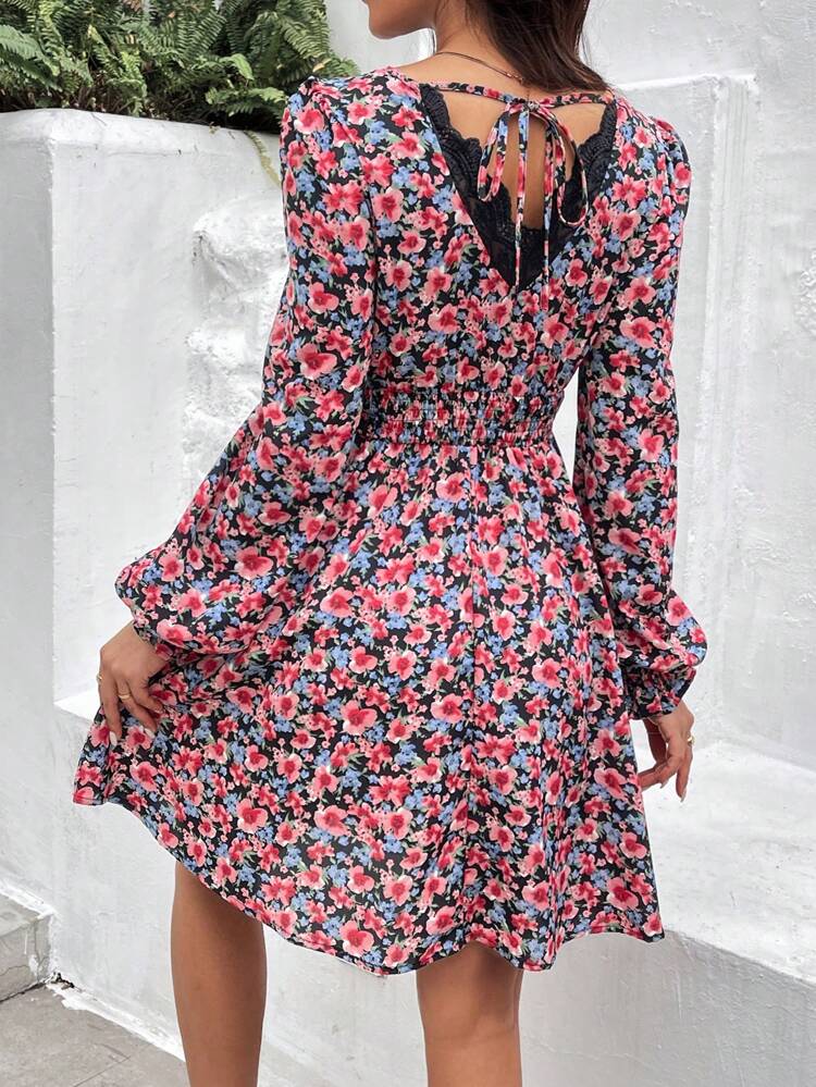 Women's Valentine's Day Shirred Waisted Back Tie Up Lantern Sleeves Floral Printed Summer Dress Winter Vacation Flower Beach