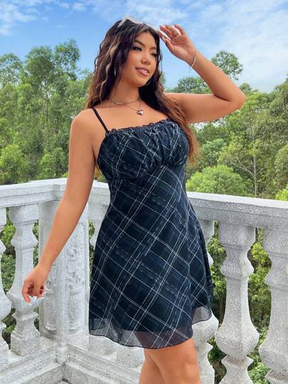 SHEIN EZwear 夏季大码针织网眼细肩带连衣裙