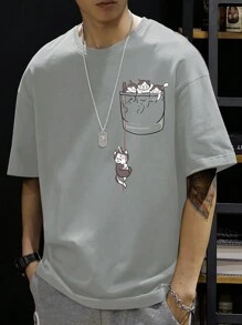 Claim Dot Camiseta holgada para hombre con gráfico de dibujos animados y hombros caídos - Gris - Ver 1