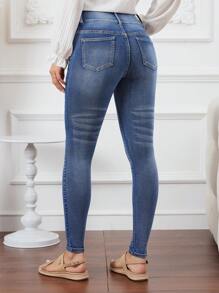 SHEIN LUNE Thon gọn Denim Quần jean Đối với phụ nữ Với nút Khép kín - Rửa nhẹ - Xem 2