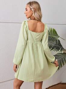 GENKIRA Square Neck Lantern Sleeve Dress - Green - View 2