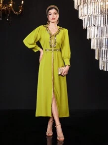 Al Najma Tay áo dài Đầm Với Pha lê Đồ trang trí Và Dệt Cắt tỉa Nổi bật - Màu vàng - Xem 6