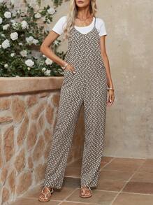 SHEIN LUNE Jumpsuit Con Cuello En V Y Pantalones Ajustados Con Patrón Geométrico Impreso Completo Para Mujeres